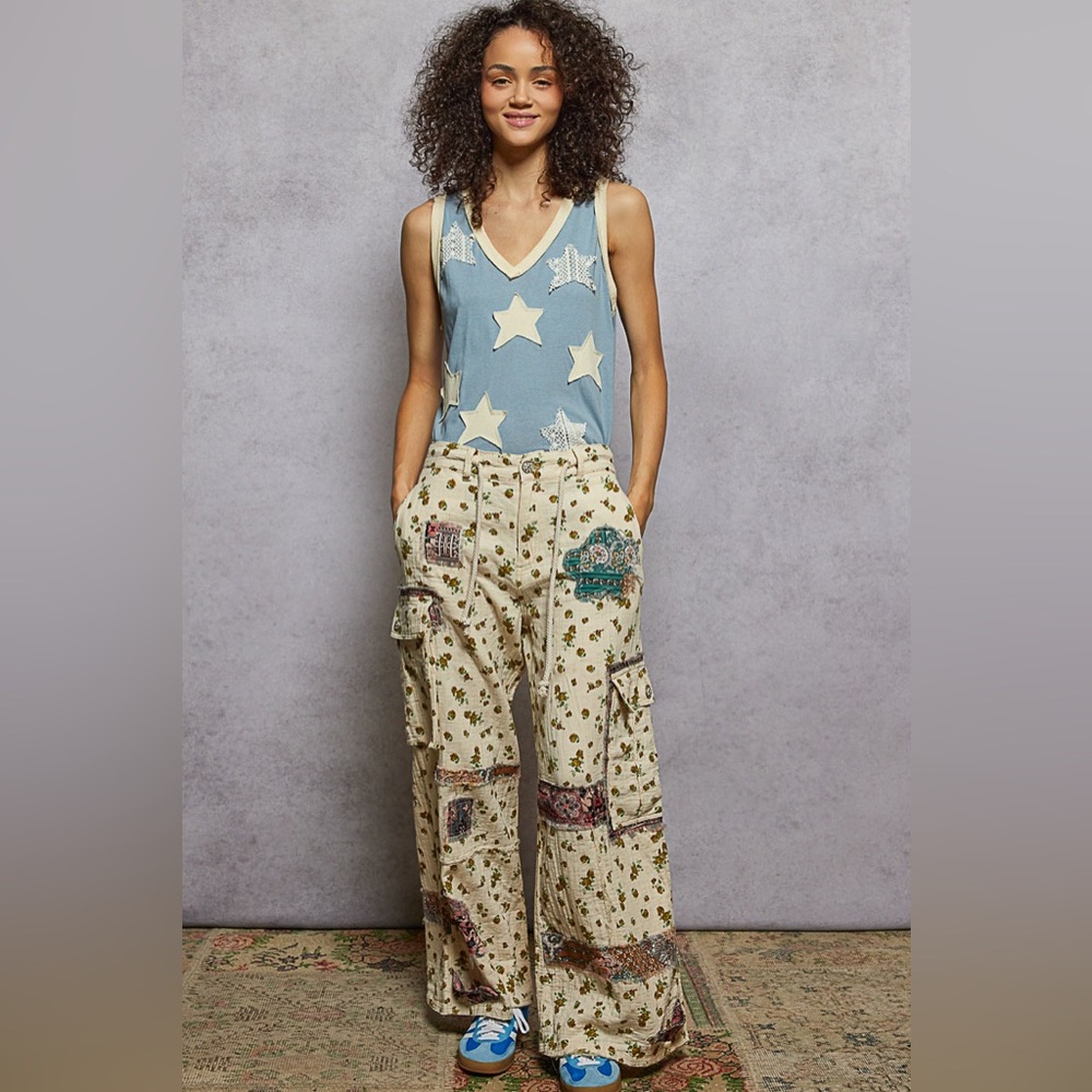POL Boho Cream Floral Patchwork Wide-Leg Pants - Picture 3 of 5
